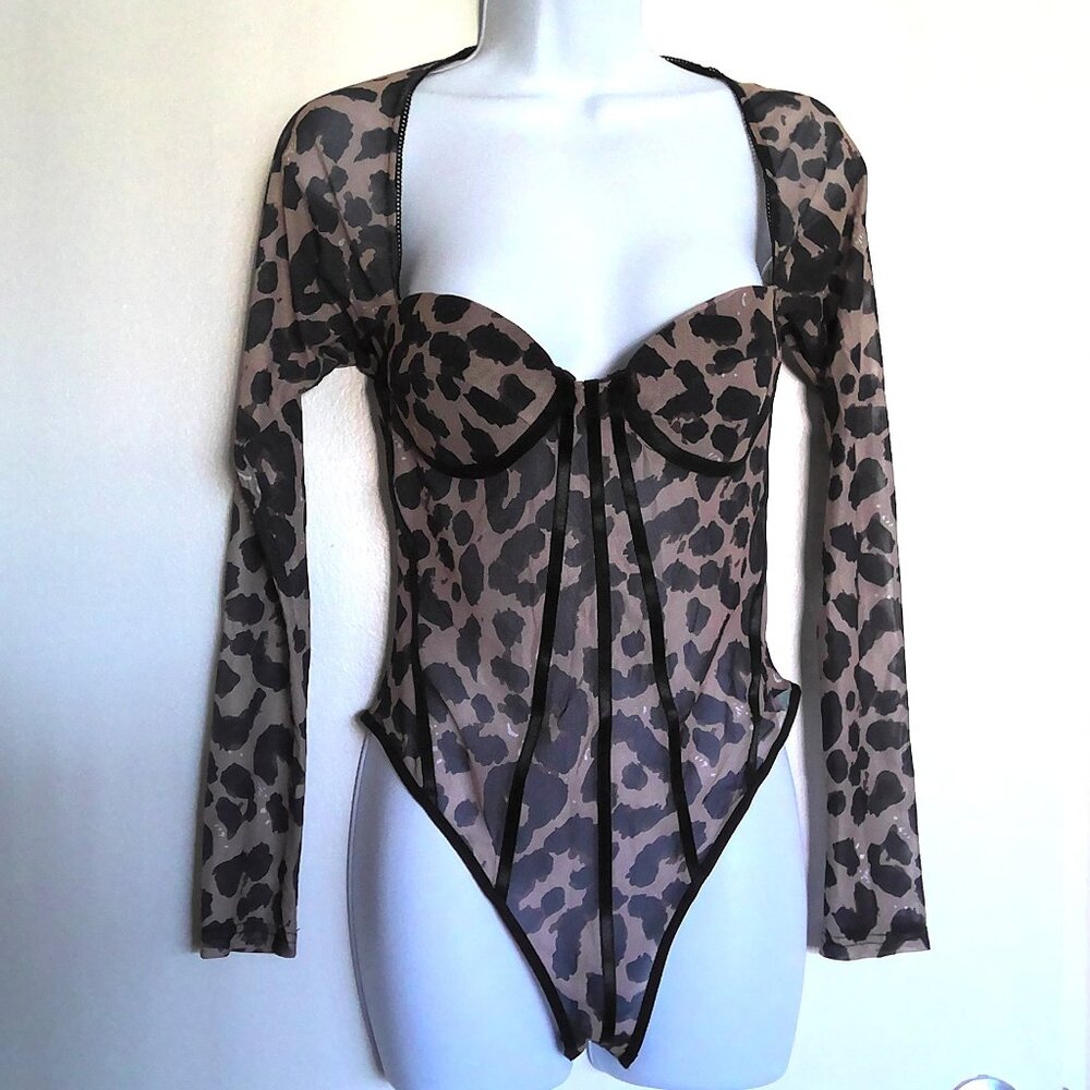 Cider Bodysuit Bustier Cheetah Leopard Animal Print Sheer Sleeves & Bodice EUC S